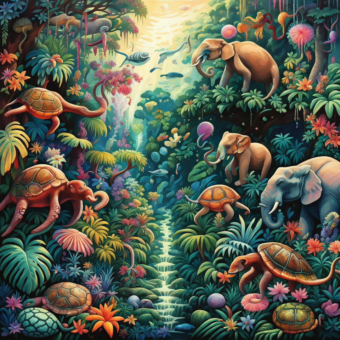 A high-quality digital art piece depicting a vibrant jungle teeming with life