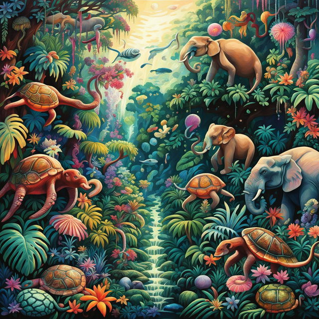 A high-quality digital art piece depicting a vibrant jungle teeming with life