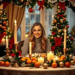 A 28-year-old woman seated at a beautifully set festive table, elegantly adorned with flickering candles, fresh tangerines, and vibrant Christmas decorations that evoke a warm, holiday spirit