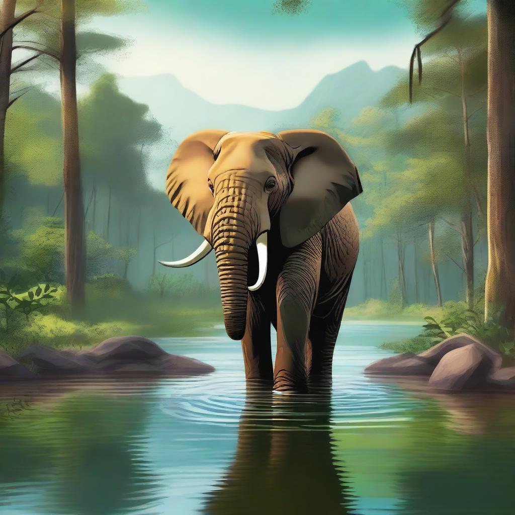 This is a high-quality digital art piece featuring a majestic elephant in a serene forest setting, with a clear river teeming with life and a distant hiker trekking along a trail