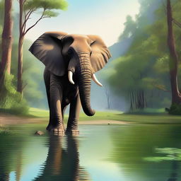 This is a high-quality digital art piece featuring a majestic elephant in a serene forest setting, with a clear river teeming with life and a distant hiker trekking along a trail