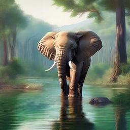 This is a high-quality digital art piece featuring a majestic elephant in a serene forest setting, with a clear river teeming with life and a distant hiker trekking along a trail