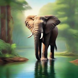 This is a high-quality digital art piece featuring a majestic elephant in a serene forest setting, with a clear river teeming with life and a distant hiker trekking along a trail