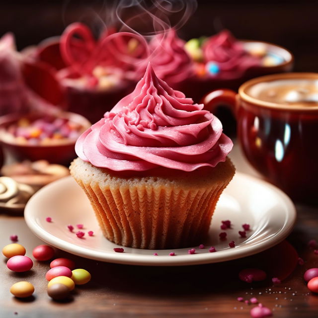 A high-quality digital art image featuring a beautifully crafted cupcake with pink icing and a steaming cup of coffee, both placed against a soft, muted background