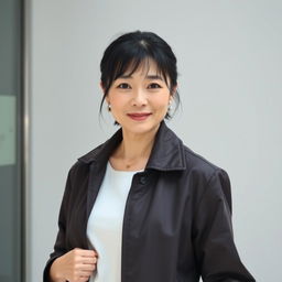 A 45-year-old woman with a flirtatious look, pale skin, and black hair, featuring an ordinary face without makeup, embodying Japanese appearance