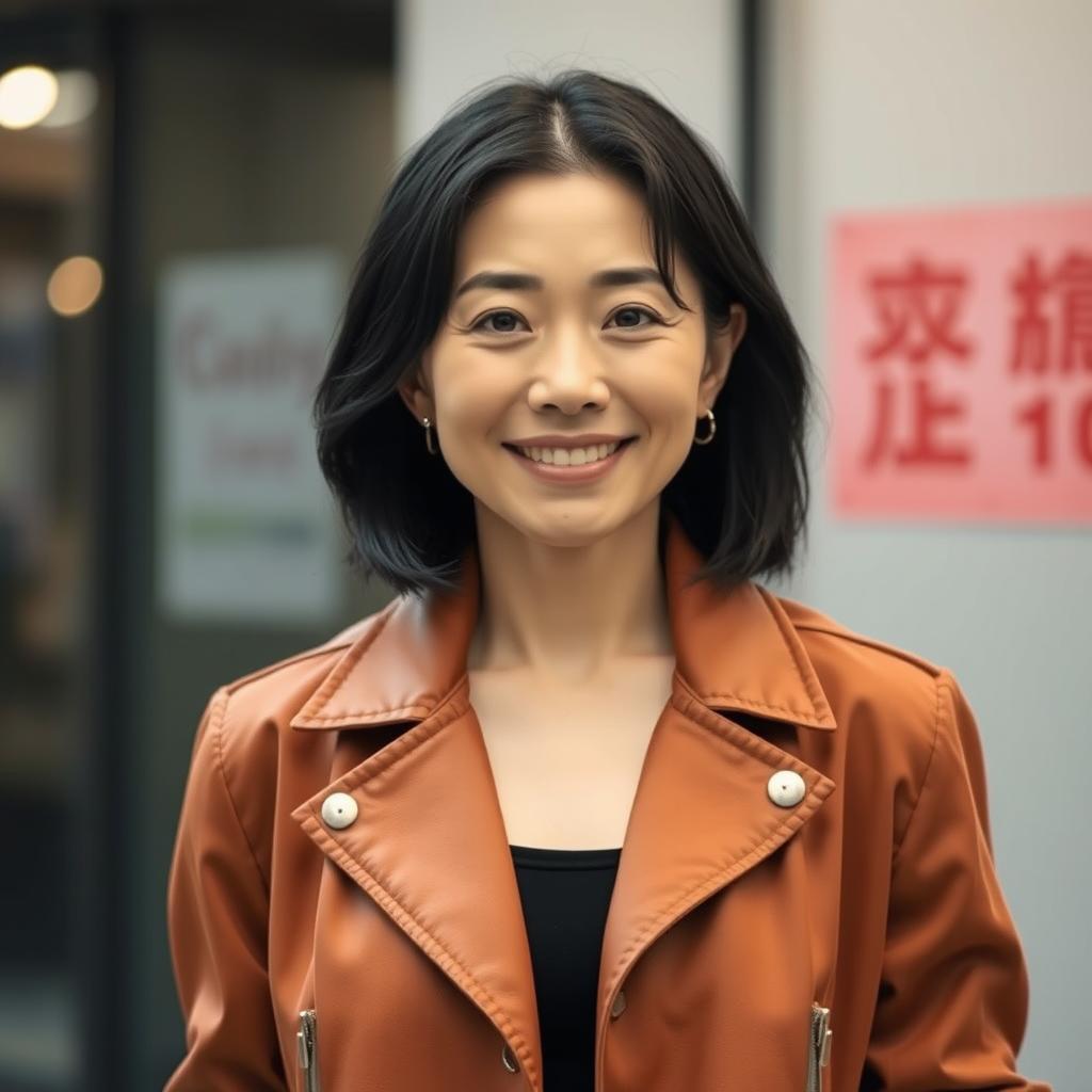 A 45-year-old woman with a flirtatious look, pale skin, and black hair, featuring an ordinary face without makeup, embodying Japanese appearance