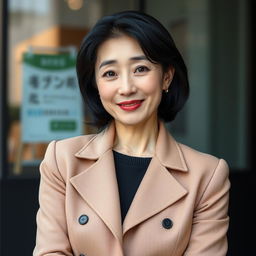 A 45-year-old woman with a flirtatious look, pale skin, and black hair, featuring an ordinary face without makeup, embodying Japanese appearance
