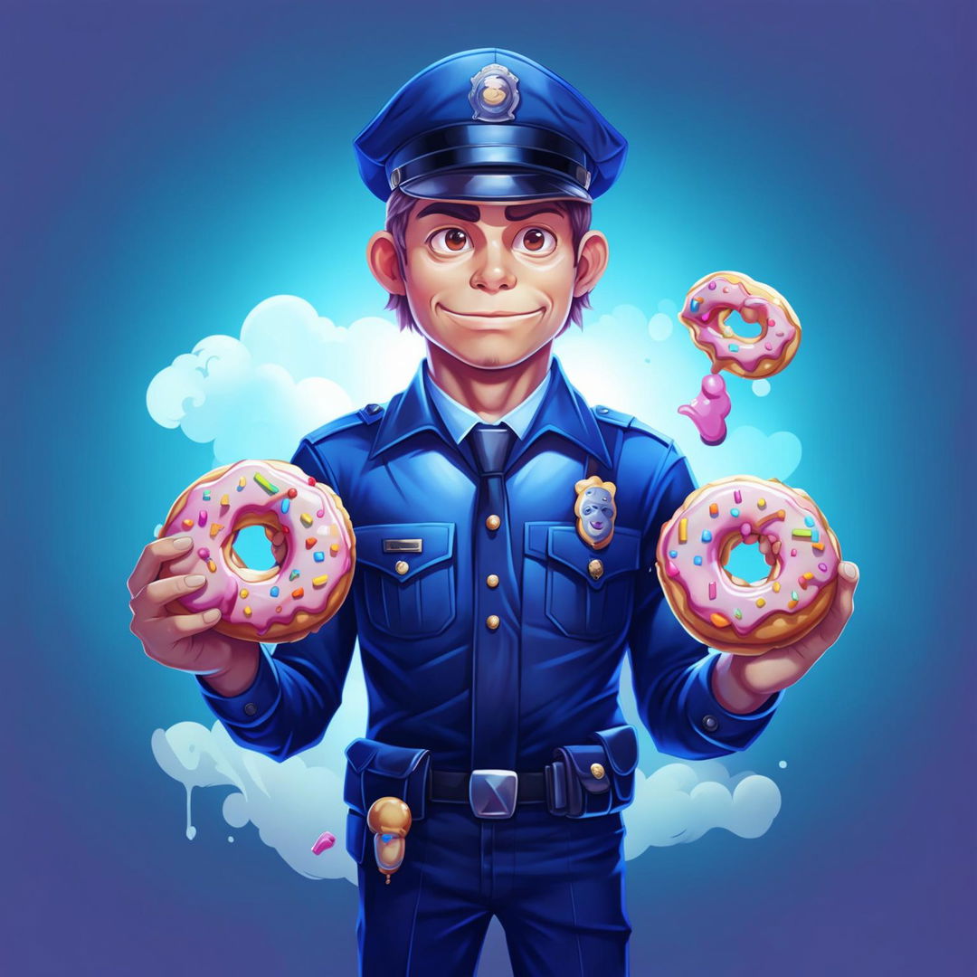 A digital art piece depicts a policeman holding a donut in one hand and a lively monkey emoji in the other, set against a serene blue gradient background