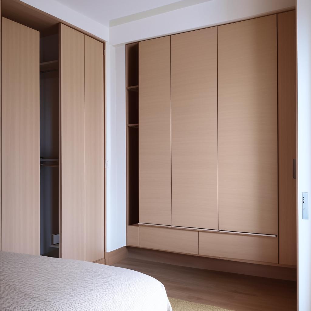 A beautifully arranged room containing a comfortable queen size bed, a neatly arranged study table with lamp, and a large 5-door wardrobe with ample storage space.