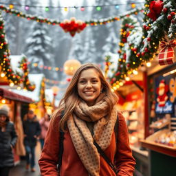 A 29-year-old woman strolling through a vibrant Christmas market, surrounded by festive garlands and charming souvenir stalls