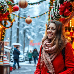 A 29-year-old woman strolling through a vibrant Christmas market, surrounded by festive garlands and charming souvenir stalls