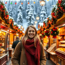 A 29-year-old woman strolling through a vibrant Christmas market, surrounded by festive garlands and charming souvenir stalls