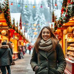 A 29-year-old woman strolling through a vibrant Christmas market, surrounded by festive garlands and charming souvenir stalls