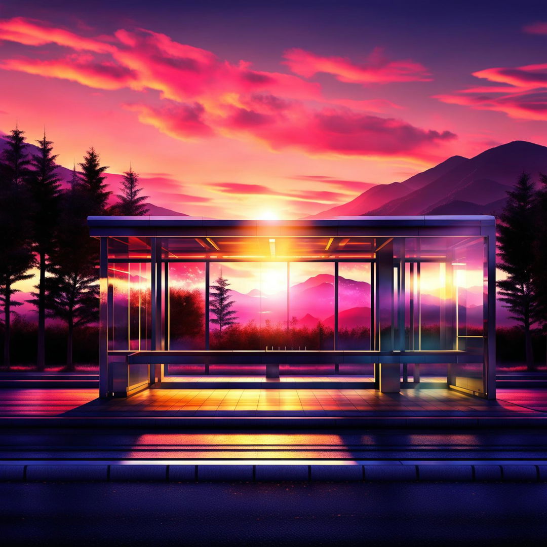 A digital art image featuring a modern bus at a bus stop, set against the backdrop of a stunning sunset