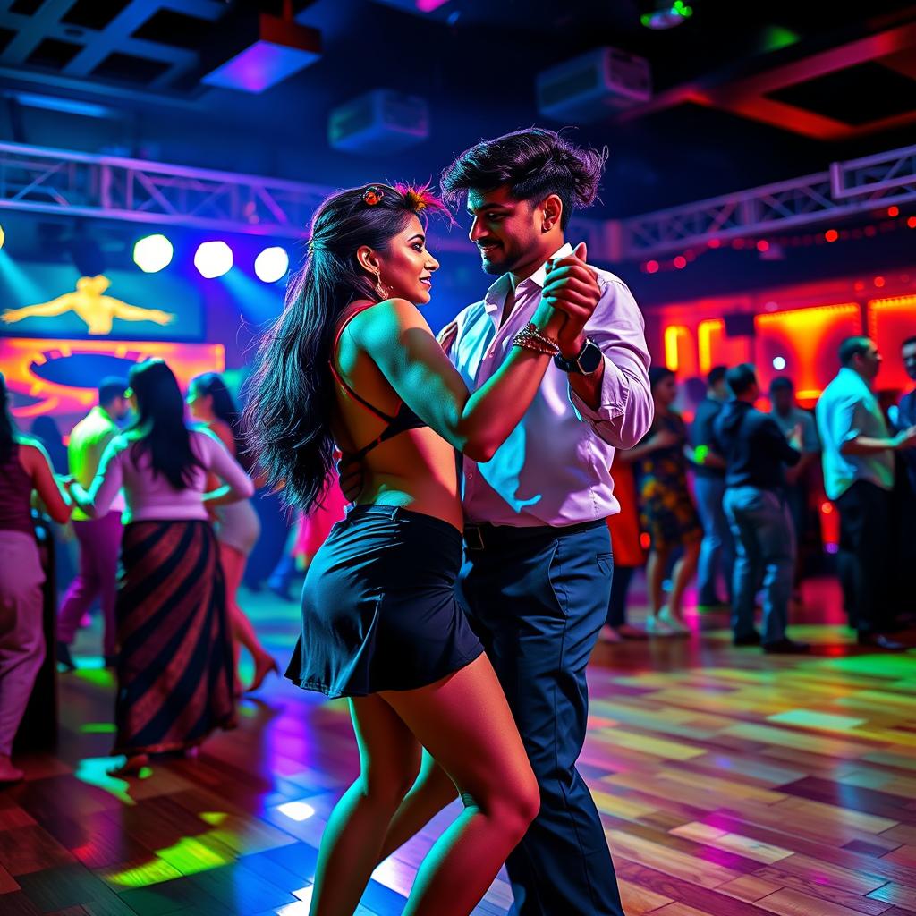 An energetic club scene featuring an Indian girl in a stylish mini skirt and a bikini top, passionately tango dancing with an Indian man