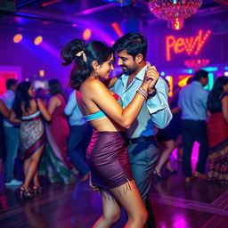 An energetic club scene featuring an Indian girl in a stylish mini skirt and a bikini top, passionately tango dancing with an Indian man