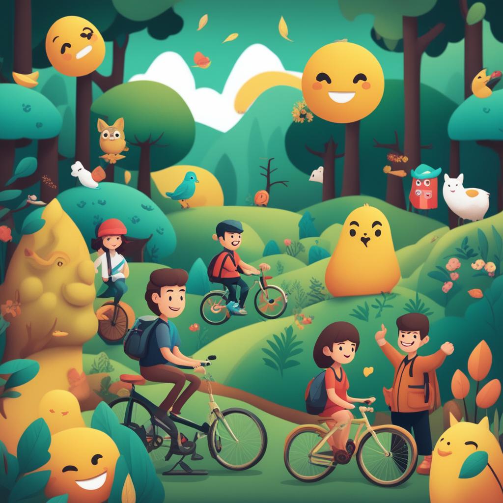 A high-quality digital art piece featuring a lush forest filled with various emoji characters, including animals, trees, a bicycle, and diverse human figures