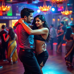 An energetic club scene featuring an Indian girl in a stylish mini skirt and a bikini top that elegantly highlights her cleavage and navel, passionately tango dancing with an Indian man