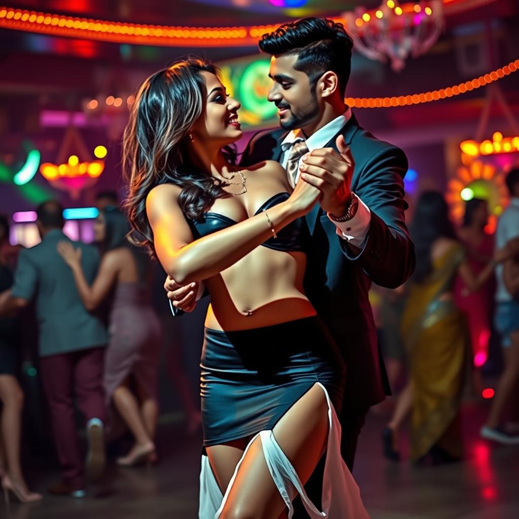 An energetic club scene featuring an Indian girl in a stylish mini skirt and a bikini top that elegantly highlights her cleavage and navel, passionately tango dancing with an Indian man