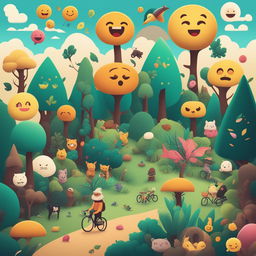 A high-quality digital art piece featuring a lush forest filled with various emoji characters, including animals, trees, a bicycle, and diverse human figures