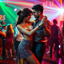 An energetic club scene featuring an Indian girl wearing a fashionable mini skirt and a bikini top that accentuates her cleavage and navel, passionately tango dancing with an Indian man