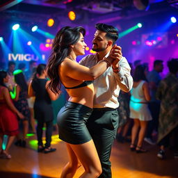 An energetic club scene featuring an Indian girl wearing a fashionable mini skirt and a bikini top that accentuates her cleavage and navel, passionately tango dancing with an Indian man