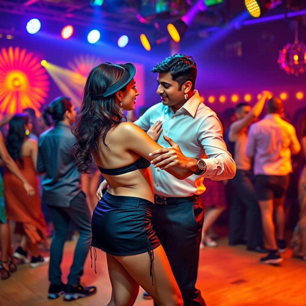 An energetic club scene featuring an Indian girl wearing a fashionable mini skirt and a bikini top that accentuates her cleavage and navel, passionately tango dancing with an Indian man