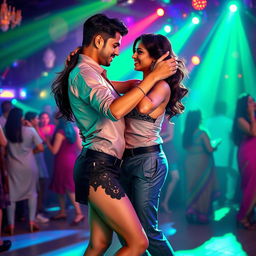 An energetic club scene featuring an Indian girl wearing a fashionable mini skirt and a bikini top that accentuates her cleavage and navel, passionately tango dancing with an Indian man