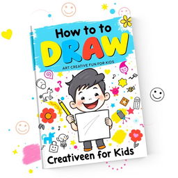 A captivating and colorful book cover for a children's drawing book titled 'How to Draw: Creative Fun for Kids'