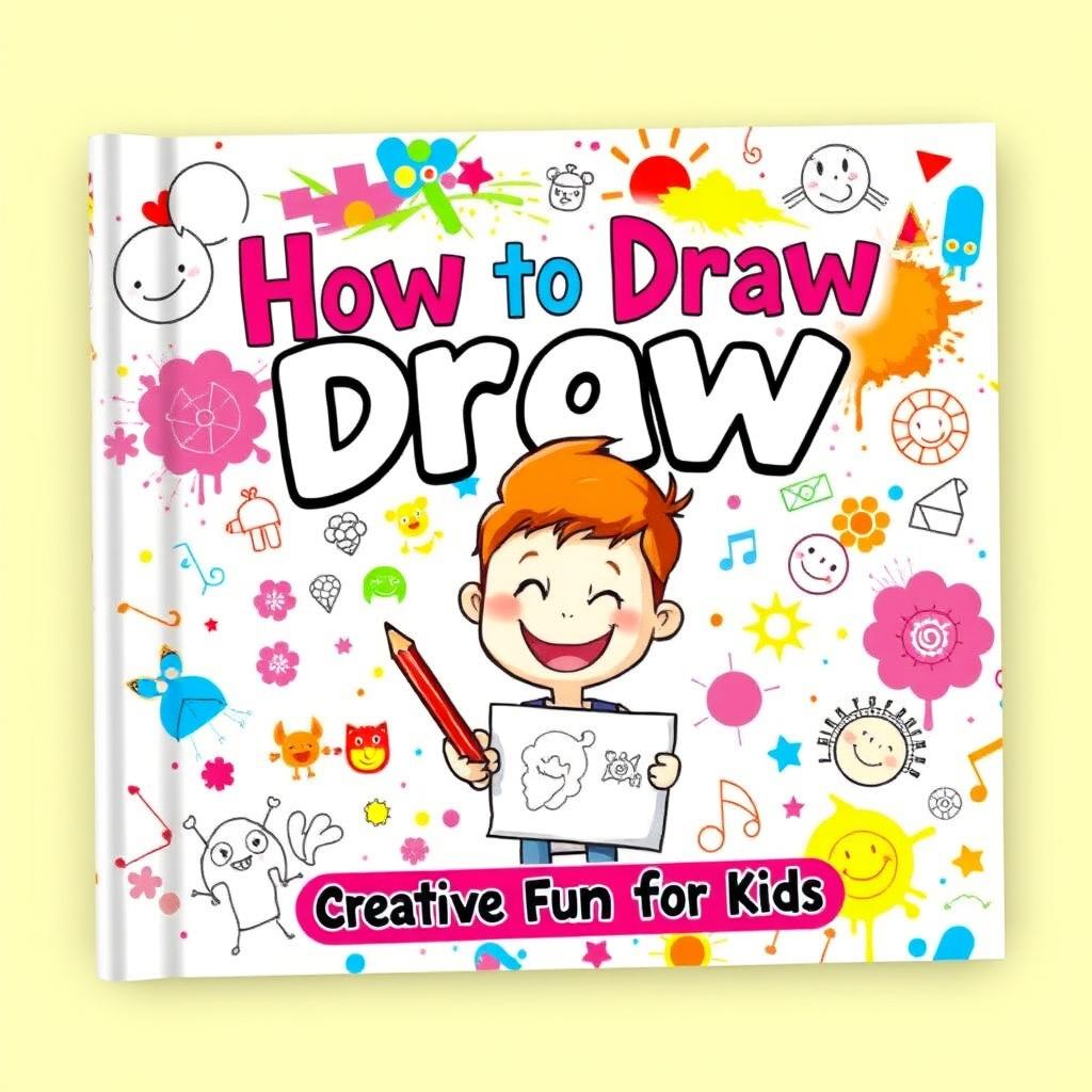 A captivating and colorful book cover for a children's drawing book titled 'How to Draw: Creative Fun for Kids'