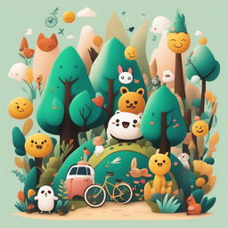 A high-quality digital art piece featuring a lush forest filled with various emoji characters, including animals, trees, a bicycle, and diverse human figures