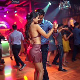 An energetic club scene featuring a Pakistani girl dressed in a stylish mini skirt and a bikini top that highlights her cleavage and navel, passionately tango dancing with a Pakistani man