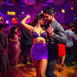 An energetic club scene featuring a Pakistani girl dressed in a stylish mini skirt and a bikini top that highlights her cleavage and navel, passionately tango dancing with a Pakistani man