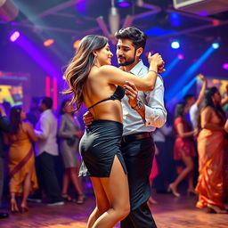 An energetic club scene featuring a Pakistani girl dressed in a stylish mini skirt and a bikini top that highlights her cleavage and navel, passionately tango dancing with a Pakistani man