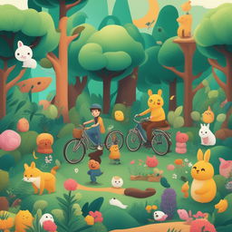 A high-quality digital art piece featuring a lush forest filled with various emoji characters, including animals, trees, a bicycle, and diverse human figures