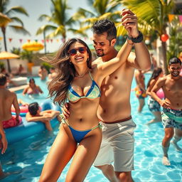 A lively pool party scene featuring a Pakistani girl in a stylish bikini that showcases her cleavage and navel, tango dancing with a Pakistani man