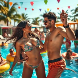 A lively pool party scene featuring a Pakistani girl in a stylish bikini that showcases her cleavage and navel, tango dancing with a Pakistani man