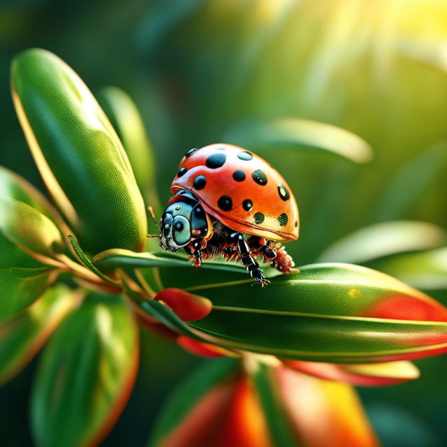 A high-quality digital art image featuring a detailed and realistic depiction of a ladybug against a backdrop of green leaves