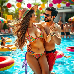 A vibrant pool party scene featuring a Pakistani girl in a stylish bikini that showcases her cleavage and navel, tango dancing with a Pakistani man