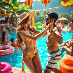 A vibrant pool party scene featuring a Pakistani girl in a stylish bikini that showcases her cleavage and navel, tango dancing with a Pakistani man