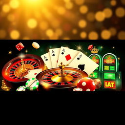 A luxurious Twitter banner designed for a casino-themed account featuring a vibrant composition of a roulette wheel, playing cards, poker chips, dice, and glowing slot machines