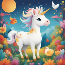 This is a high-quality digital art piece featuring a white unicorn and a chicken, rendered in a cartoonish style reminiscent of children's book illustrations