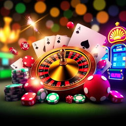 A luxurious Twitter banner designed for a casino-themed account featuring a vibrant composition of a roulette wheel, playing cards, poker chips, dice, and glowing slot machines