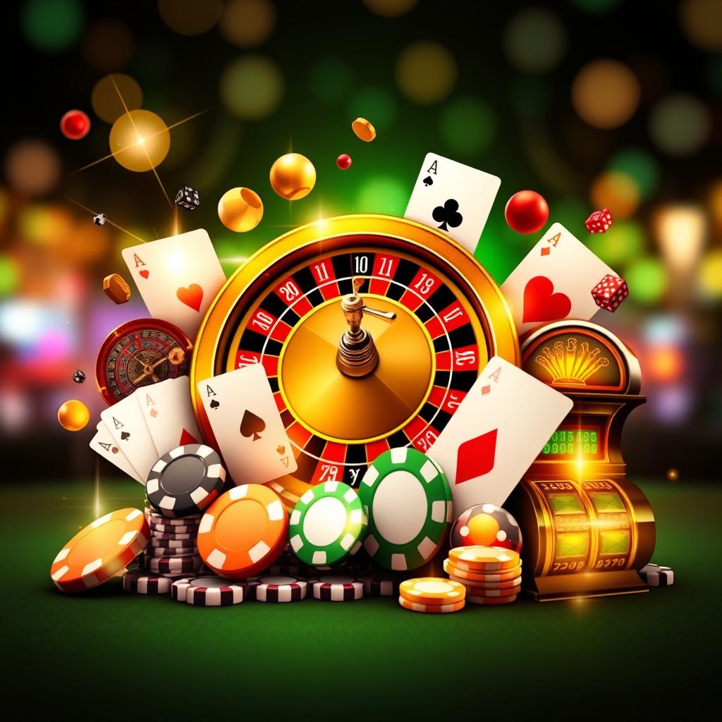 A luxurious Twitter banner designed for a casino-themed account featuring a vibrant composition of a roulette wheel, playing cards, poker chips, dice, and glowing slot machines