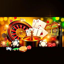 A luxurious Twitter banner designed for a casino-themed account featuring a vibrant composition of a roulette wheel, playing cards, poker chips, dice, and glowing slot machines