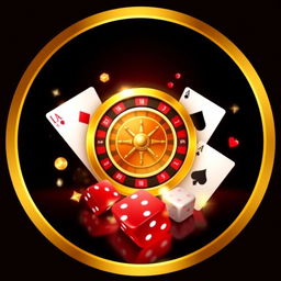 A stylish and captivating avatar for a casino-themed Twitter account, featuring a central element of a golden roulette wheel or a shining poker chip, elegantly surrounded by glowing playing cards and sparkling dice