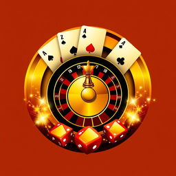 A stylish and captivating avatar for a casino-themed Twitter account, featuring a central element of a golden roulette wheel or a shining poker chip, elegantly surrounded by glowing playing cards and sparkling dice