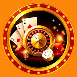 A stylish and captivating avatar for a casino-themed Twitter account, featuring a central element of a golden roulette wheel or a shining poker chip, elegantly surrounded by glowing playing cards and sparkling dice