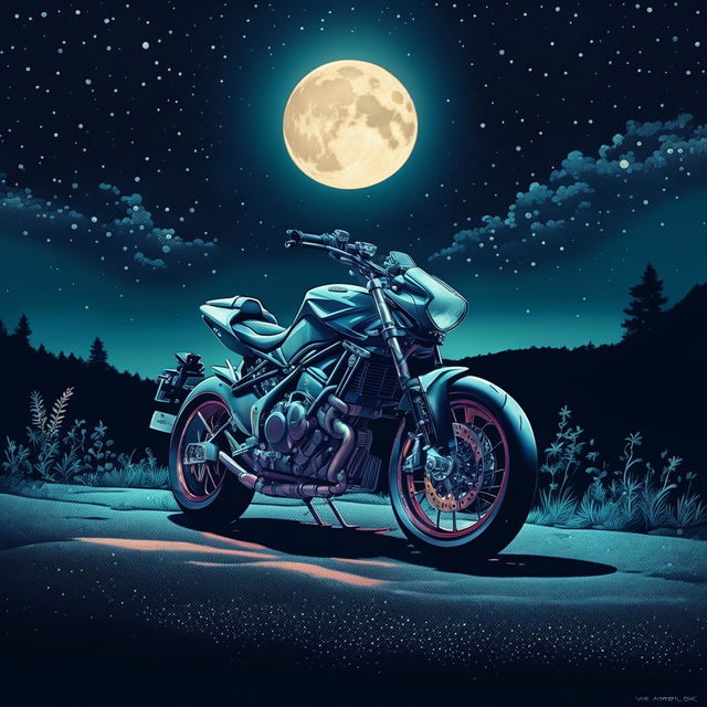 A high-quality digital artwork of a sleek, modern motorcycle parked on a quiet road at night