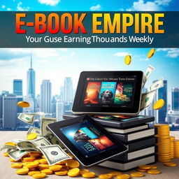 An engaging and dynamic e-book cover for 'E-Book Empire: Your Guide to Earning Thousands Weekly